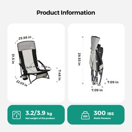SUNNYFEEL Folding Beach Chair, Low Beach Chairs for Adults, Lightweight Portable Folding Camp Chair 300lbs Heavy Duty with Carry Bag, Mesh Back, Cup Holder for Outdoor Travel Picnic Concert, Black