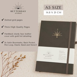 Betterday Studio - Undated Bullet Journal - 160 Dotted Pages with Faux Leather Cover, 2x Ribbon Markers for Bookmarking, Journal with Pen Loop, Journal Notebook for Scribbling - Charcoal Grey