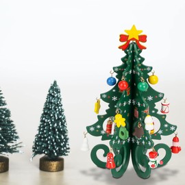 Spencer 2 Pieces 7.5 Inch Wooden Mini Christmas Tree Miniature Tabletop Small Tree, 3D Xmas with Ornaments Pine for Holiday Party Home Desktop Decoration (Green & Gold)