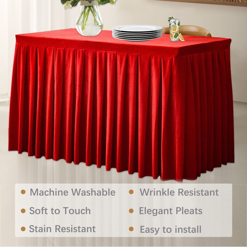 Mantel ajustable de terciopelo rojo para mesas rectangulares, resistente a