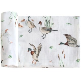 LifeTree Baby Swaddling Cloth Muslin Cloth 120 x 120 cm Muslin Swaddle Blanket Baby Bamboo Cotton Swaddle Wrap for Boys and Girls Mallard Duck Design