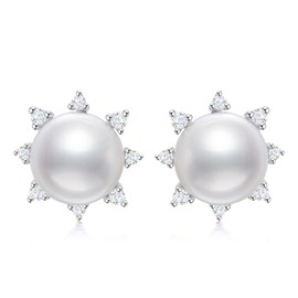 Lab Grown Diamond and Freshwater Cultured Pearl Stud Earrings for Women Sterling Silver