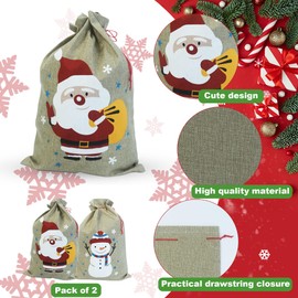 Christmas Sacks. 13.8'' X 19.7'' / 35 X 50cm Medium Christmas Hessian Goody Gift Bags. Two Designs: Santa and Snowman. Pack of 2.