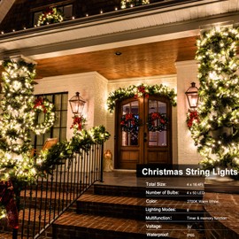 4 Pack- Battery Operated Outdoor Tree String Lights with 50 Warm White LEDs on 16.5ft/5m of Dark Green Cable,Outdoor Battery Xmas Wreath Lights with Timer for Christmas Yard Holiday Decoration