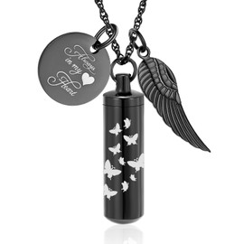 shajwo Cylinder Urn Ashes Necklace for Women Men Butterfly Cremation Jewelry Ash Loved One Memorial Angel Wing Pendant,Black