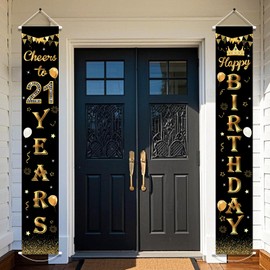 Businey Happy 21th Birthday Banner, Black Gold 21th Banner Porch Door Sign, 21th Banners Decorations for Boys Birthday Party Indoor Outdoor Decoration 182 x 30 cm