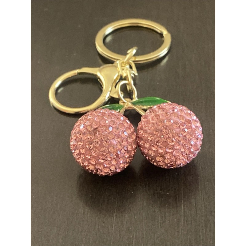 Fashion Cherry Pink Rhinestone Cherries Charm Pendant Car Purse Gold