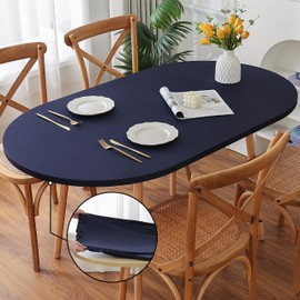 Limalred Fitted Spandex Oval Tablecloth, Soft Skin Friendly Non Pilling Breathable Fabric Table Cover with Elastic Band for Dining Gathering Party Banquet Decoration 107 x 153 CM 42 x 60 in Navy Blue
