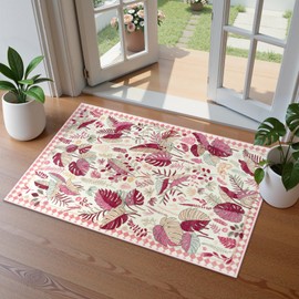 Anidaroel Washable Rugs for Entryway, 2x3 Pink Botanical Kitchen Rugs Non-Slip, Ultra-Thin Door Mat Indoor Entrance, Stain Resistant Small Area Rugs for Bathroom Bedroom Entry Laundry