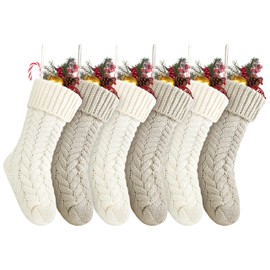 18 Inches Christmas Stockings Bulk, 6 Pack Large Size Cable Knitted Fireplace Hanging Stockings for Family Holiday Xmas Party Decorations, Ivory White&Khaki