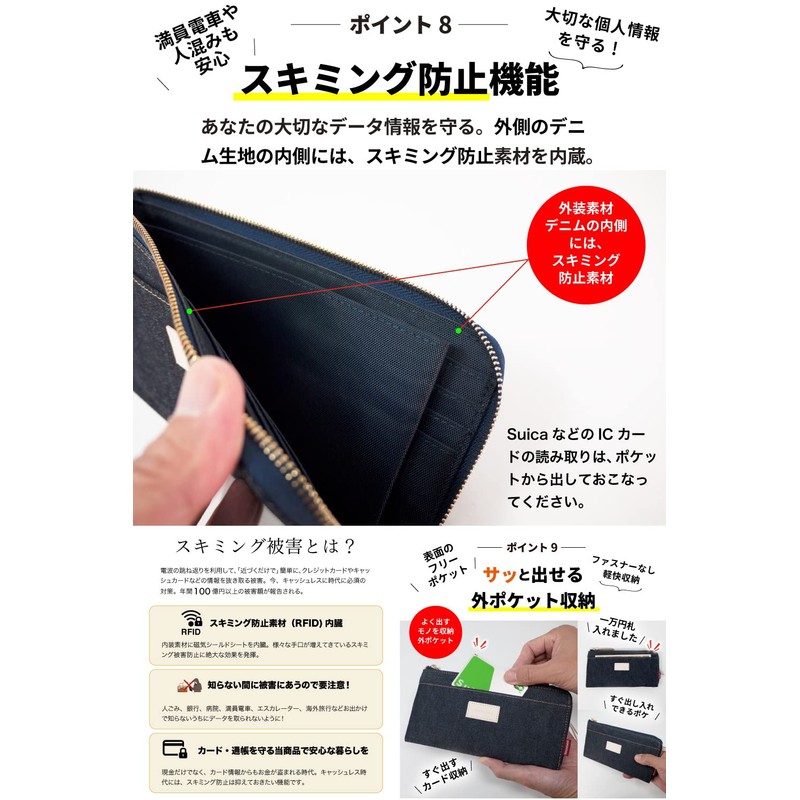 Need Network Okayama Denim Long Wallet, L-Shaped Zipper, Wallet with