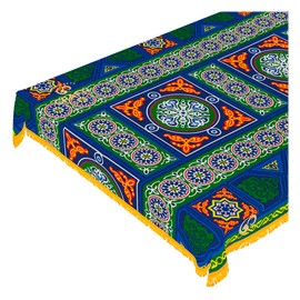 CraftiEgypt Ramadan Tablecloth Decorations – Handmade Tablecloth, Printed Egyptian Khayamiya Design, Colorful Blue, Cotton Blend – 55"x55" (140x140 cm) Square