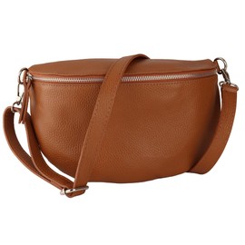 MIRROSI® Women's Bum Bag, Made in Italy, Genuine Leather Shoulder Bag, Chest Bag, Crossbody Bag Made of Genuine Leather, Available in 3 Sizes, Brown (Silver Zipper)