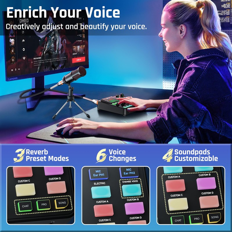 PUPGSIS Gaming Audio Mixer, Audio Interface with Pro-preamp, 48V Phantom