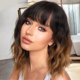 NAYASA Curly Bob Wig with Bangs Short Wavy Wine Red Color Wigs for Women Bob Style Synthetic Heat Resistant Bob Wigs - Color: Black to Brown