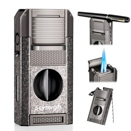 5-in-1 Torch Lighter with Cutter, Punch, Draw Enhancer and Dual Windproof Jet Flame, Accessories Gifts for Men, Refillable Butane Lighter Set for Candles, Outdoor Travel (Butane not Included)