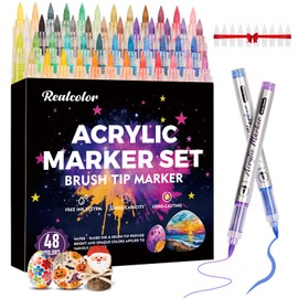 realcolor 48 Colors Acrylic Paint Markers, Soft Brush Tip Acrylic Paint Pens Paint Markers for Wood, Stone, Canvas, Glass, Fabric, Egg, Rock Painting, and DIY Crafts Non-Toxic, Art Supplies