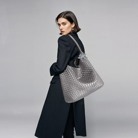 OUYGZOU Woven Tote Bag for Women, Shoulder Handbags, Beach Hobo, Handwoven Satchel Underarm Bag, Top-Handle Bag With Purses (Ancient Silver)