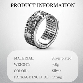 GAUEIOUR Feng Shui Pixiu Lucky Silver Jewelry, Mani Mantra Protection Wealth Ring, Adjustable Finger Ring
