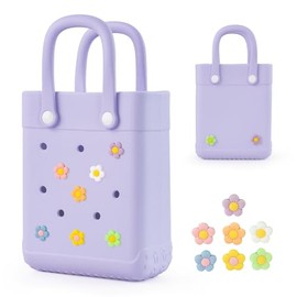 Kcizloz Mini Rubber Tote Bag With 7 Charms X-Small Rubber Beach Bag For Little Girls (Purple)