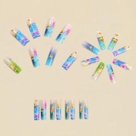 Blue Coffin Press on Nails Long Reusable Fake Nails Summer False Nails with Fish Starfish Pattern Design Artificial Acrylic Nails Press Ons Ocean Themed Nails Full Cover Stick on Nails for Women 24PCS