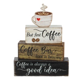 Moucuny 4 Pcs Wooden Coffee Bar Tabletop Decor Coffee Tiered Tray Decor Rustic Wood Coffee Bar Sign Gift Coffee Table Centerpiece Farmhouse Coffee Decor for Home Kitchen Decorations (Coffee)