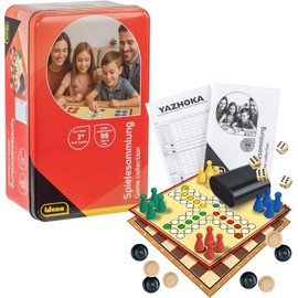 Idena 40216 40216 Colección de Juegos con 99 Posibilidades de Juego, en Tinbox, Incluye Varios Juegos de Mesa y Dados, Instrucciones de Juego, para 2