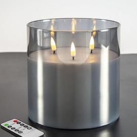 Girimax 3 Wick Silver Grey Glass Flameless Candles with Remote, Large Flickering LED Pillar Candle Φ 6" H 6"