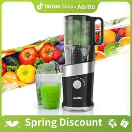 Aeitto Juicer Machines, 4.9" Extra Large Feed Chute for Whole Fruits and Vegetables, Cold Press Juicer, Slow Masticating Juicer Easy to Clean, Double Strainers, Self Feeding, High Juice Yield - Color: Grey