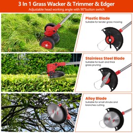 TeqHome Cordless Weed Wacker, Battery Powered Weed Eater 3 in 1 Stringless Grass Trimmer with 3 Types Blades and 2Pcs 2.5 Ah Battery, Adjustable Length for Yard Lawns Garden (25 Blades, Wheels)
