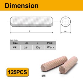 125 Pcs Wooden Dowel Pins, 3/8 x 1-9/16 inch Fluted Wood Dowels Hardwood Pegs for Bench Construction, Heavy-Duty Joints, Wooden Bed Frames