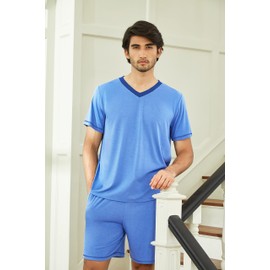 Ekouaer Mens Pajama Set Short Sleeve V Neck 2 Piece Nightwear Shorts With Pockets Summer Sleepwear PJS for Men Light Blue L