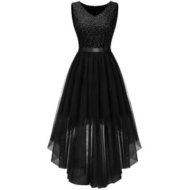 BeryLove Women's Sequin Party Dress Homecoming Formal Cocktail Swing Wedding Dressws High Low Sleeveless V-Neck Prom Gowns S003 Black XL