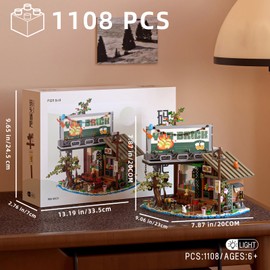 Wood Cabin Mini Building Blocks Sets with LED Light - 1108PCS Wooden Forest House Street View Micro Building Bricks Toy Creative Ideals Dock Bar, Collectible Decoration, Birthday Gift for Kids, Adults
