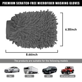 Gasedin Car Washing Gloves, Easy Foam Double-Sided Chenille Microfiber Wipe Cleaning Gloves, Absorbent Fluff Wash Mitt Cleaning Tool for Vehicles, Universal Car Accessories (Gray)
