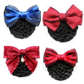 Hair Snood Net for Women, Hair Clip with Net Cover for Bun - Lady Barrette with Hairnet Hairbun for Ballet Dance TH-FJ-H2 (Set of 4 - Royal Blue, Red)