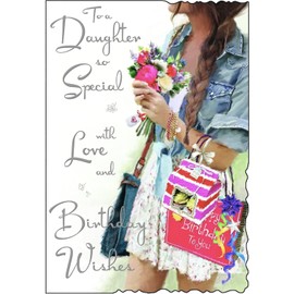 Jonny Javelin Daughter Birthday Card - Pretty in Denim Stylish Design - Embossed with Foil and Flitter Details - Happy Birthday Card to a Special Daughter - For Her