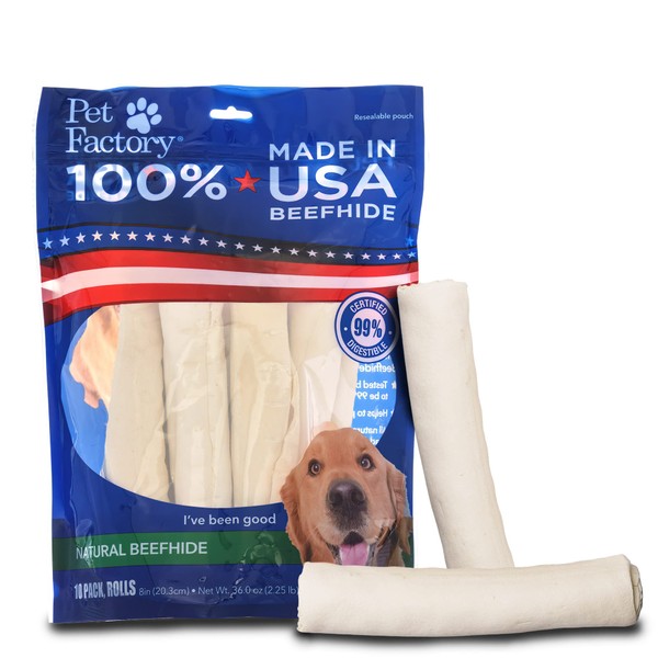 Pet Factory 100% Made in USA Beefhide 8" Rolls Dog Chew Treats - Natural Flavor, 10 Count/1 Pack