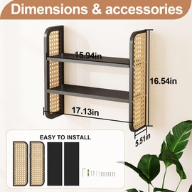 LUPWNEKA 2-Tier Rattan Shelf, Black Rattan Bookshelf Wall Mounted, Handmade Woven Display Shelf, Decorative Boho Shelves for Entryway, Nursery, Kitchen, Bathroom, Living Room