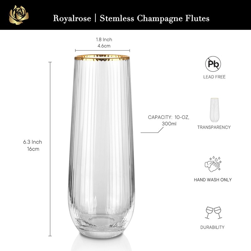 Royalrose Premium Ribbed 10 Oz Gold Rim Glasses (Stemless Champagne