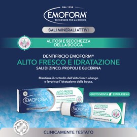 Emoform Zahnpasta mit frischem Atem und Feuchtigkeit – mit Zinksalzen, Propolis und Glycerin – wirkt schlechtem Atem entgegen und verleiht einen frischen und langanhaltenden Atem – Geschmack Minze