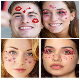 10 Sheets Valentine's Day Face Temporary Tattoo Sticker Waterproof Makeup Face Body Art Decals Heart Lips Kiss Tattoo Stickers for Women Wedding Party Decorations Supplies