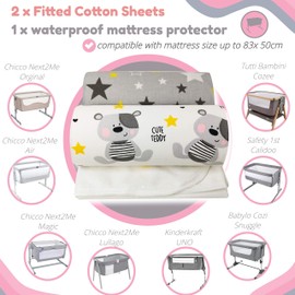 Next to me Baby Crib Sheets – 3pc Baby Bed Set with 2 Fitted Sheets and 1 Waterproof Mattress Protector – Cotton Fitted Crib Sheet – Selemavi Baby Sheets (Cute Teddy and Stars, 50x83 cm)