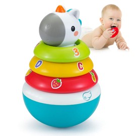 Yiosion Anillos apilables de juguete para bebé con decoración de unicornio, juguetes apilables Weeble Wobble para regalos de 3, 6, 9, 12 meses, juguetes sensoriales Baby Montessori de 6 a 12 meses de desarrollo