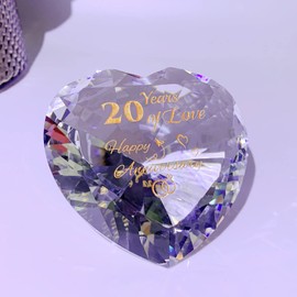 20th China Anniversary Romantic Gifts for Couple Women Her Mum Parents, 20 Years Anniversary Presents for Wife Girlfriend, Crystal Diamond Shaped Paperweights Heart Marriage Keepsake Ornaments