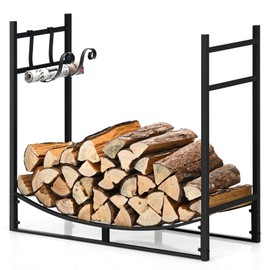 GRAFFY Firewood Rack, 33” Solid Log Holder w/Paint-coated Surface, 2 Removable Hooks for Kindling, Log Holders for Firewood Indoor Outdoor, Wood Storage Stacker