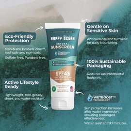 Happy Ocean SPF 45 Biodegradable Reef Safe Sunscreen for Face & Body, Non-Nano Zinc Oxide, Natural Fragrance Free Non Toxic Organic Mineral Sunscreen, Travel Size Reef Friendly Mineral Based 2.5 Fl Oz