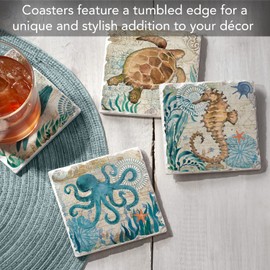 Thirstystone Monterey Bay 4 Pack Tumbled Tile Stone Coasters with Protective Cork Backing 4” Square Manufactured in The USA Artistic Absorbent Easily Wipes Clean