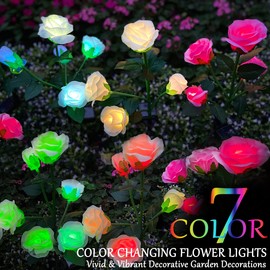 10 LED 7-Color Changing Solar Rose Flower Lights Garden Decorations Outdoor Waterproof Decorative Stake Lights for Patio Pathway Yard Lawn Decor(2 PCS Blue)