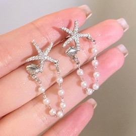 Starfish Earrings Beachy Earrings for Women Sparkly Sea Star Pearl Beaded Tassel Stud Earrings Summer Fashion Stuff (silver)